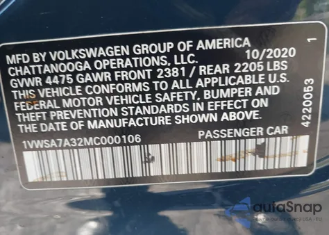 2021 Volkswagen Passat 2.0T Se from USA, damaged, VIN 1VWSA7A32MC000106